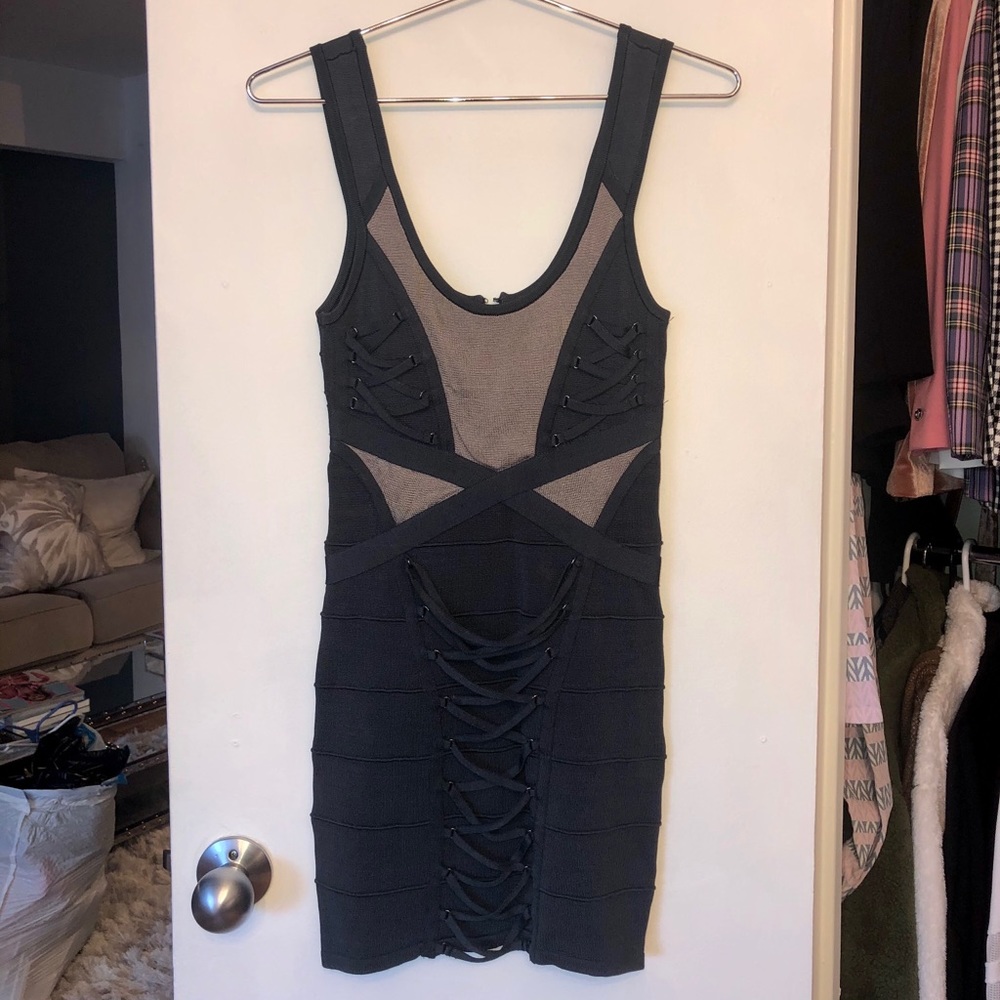 Bebe sleeveless navy blue and grey bodycon dress